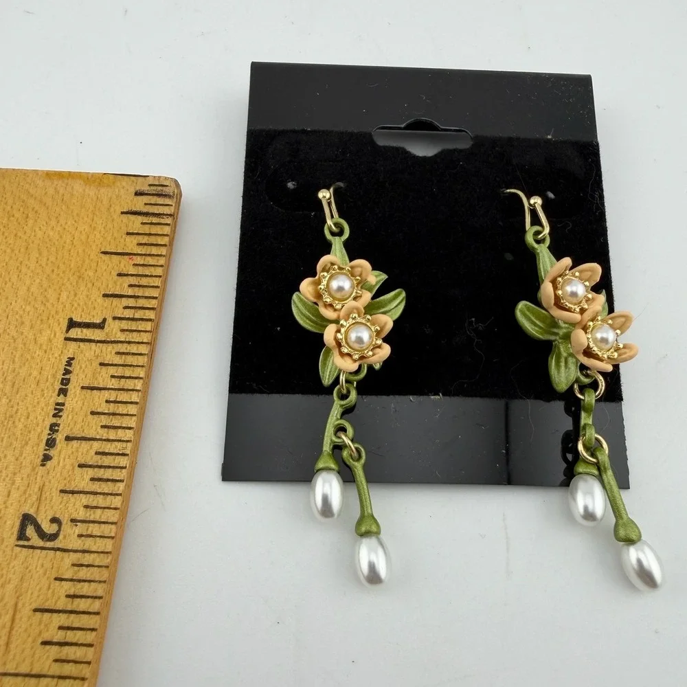 Vintage Floral Drop Earrings Green Peach Excellent Enamel Faux Pearl Dangle
